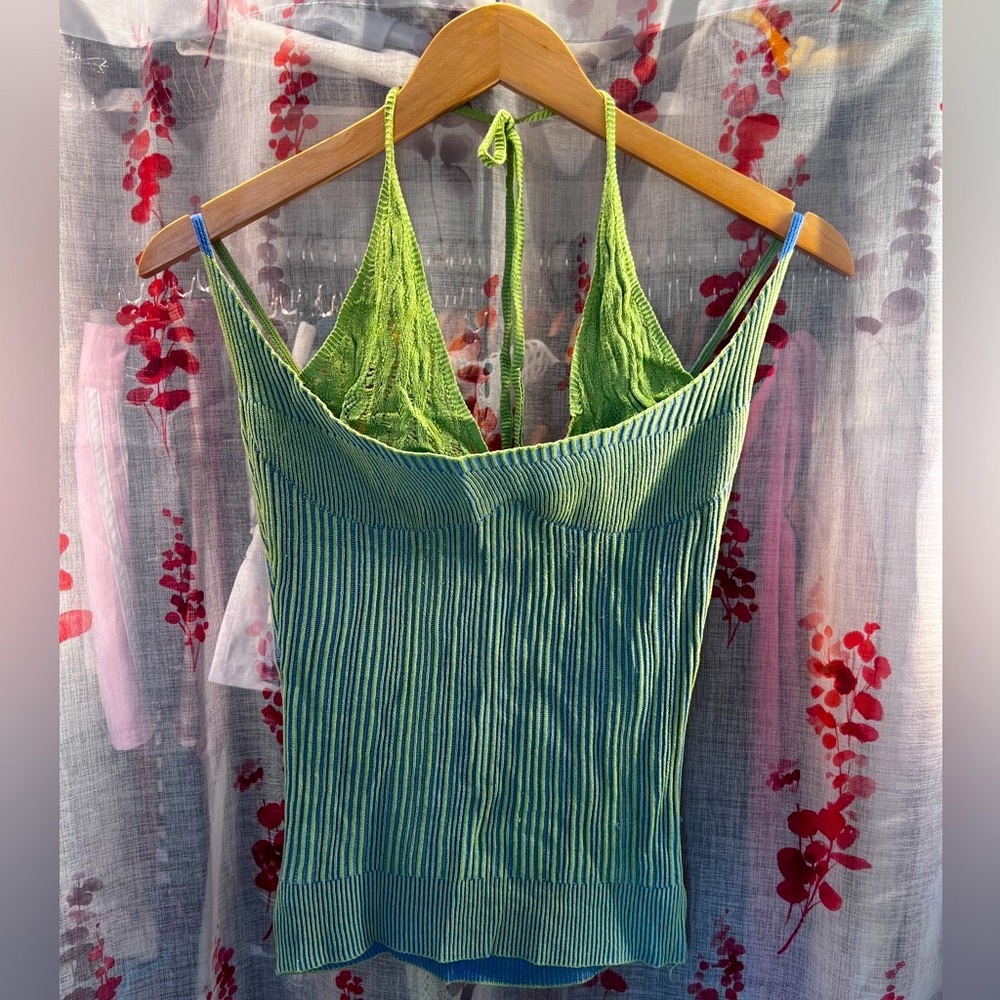 knitted blue and green ribbed top with lace detail